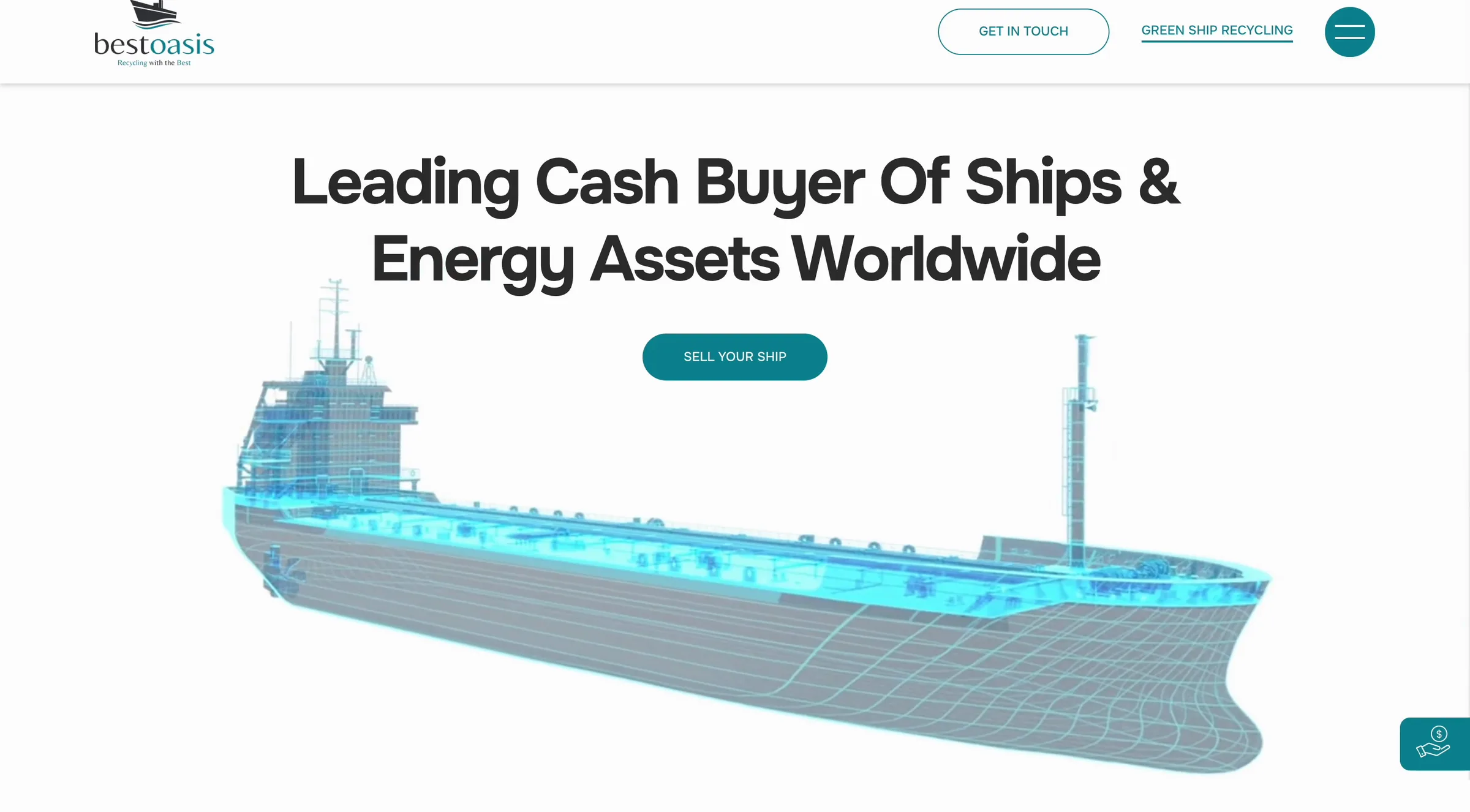 Best Oasis home page after the redesign: light layout with the headline "Leading Cash Buyer Of Ships & Energy Assets Worldwide" over a 3D wireframe ship.