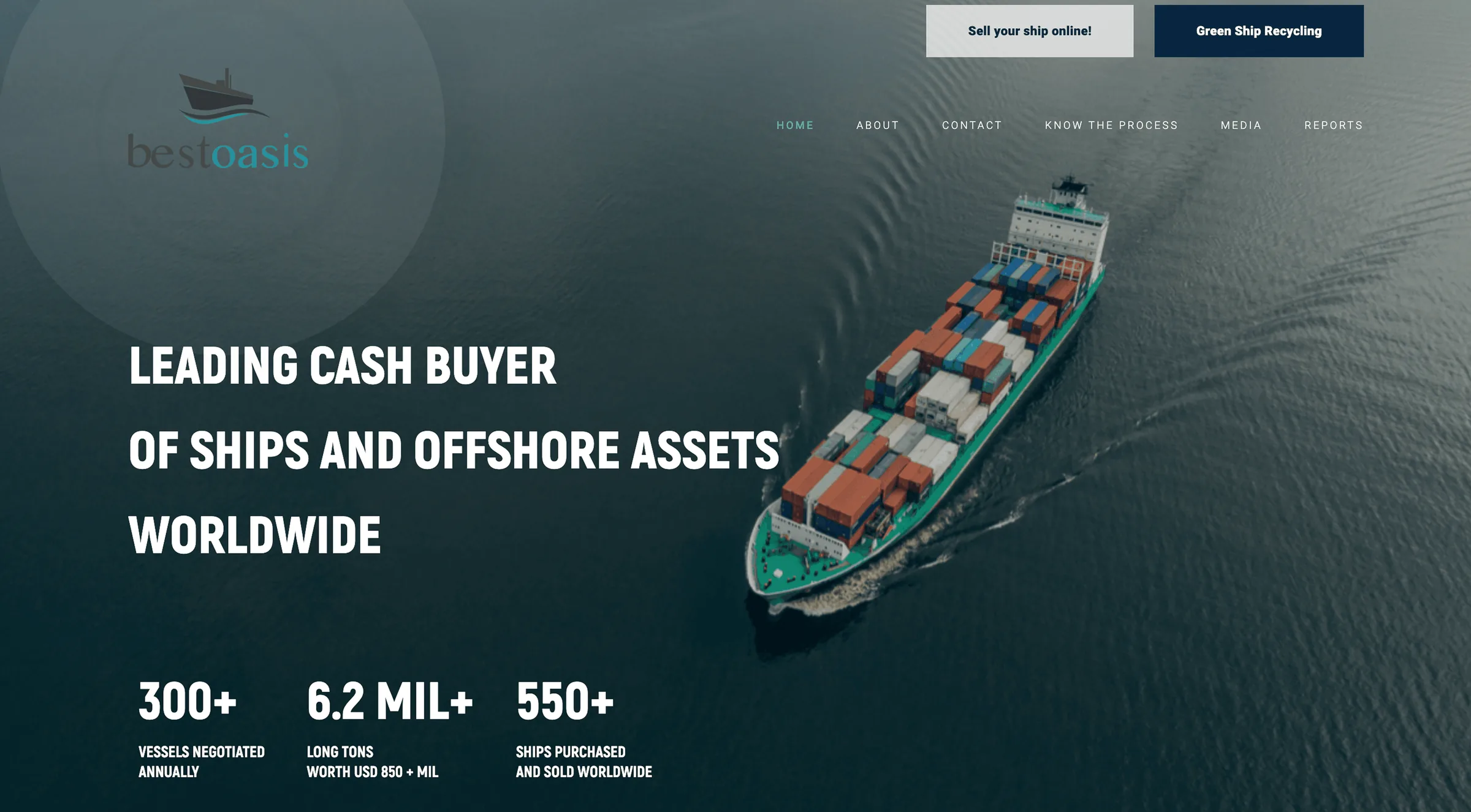 Best Oasis home page before the redesign: dark sea photo of a container ship with the headline "Leading cash buyer of ships and offshore assets worldwide".